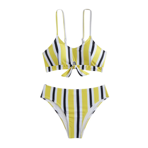 Conjunto de Bikini a Rayas para Mujer, Cintura Alta, Dos Piezas, Top con Detalle de Torcedura, Tela Elástica, Logotipo Frontal, Resistente al Cloro/Agua Salada - Product Image 1