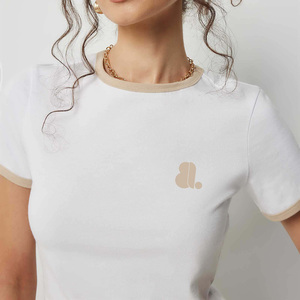<b>Women's</b> <b>White</b> Crew Neck Ringer Short Sleeve <b>T</b>-<b>Shirt</b> Beige Logo Regular Fit Casual Summer 100% Organic Cotton Eco-Friendly - Product Image 5