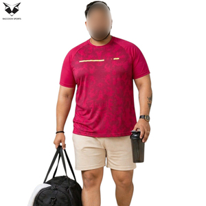 T-shirt sport rose à séchage rapide pour homme, manches courtes, col rond, motif imprimé, coupe classique, en polyester tricoté, idéal pour la gym, vente en gros - Product Image 2