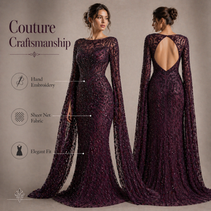 Robe de soirée sirène moderne de luxe en perles bordeaux |   Robe longue à manches courtes, dos nu, ornée, avec traîne |   OEM en gros - Product Image 5
