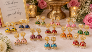 Designer gift Jhumka Earrings for <b>Wedding</b> Favors, Mehndi Sangeet Guest <b>Keepsakes</b> in Assorted Colors and Designs - Product Image 3