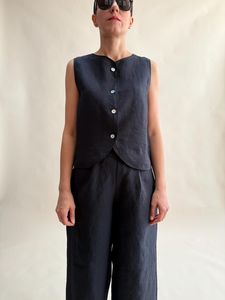 Conjunto de 2 Piezas para Mujer, Top Corto sin Mangas Estilo Vintage Lavado, Pantalones Anchos de Pierna Ancha, 100% Lino Plisado, Ecológico - Product Image 3