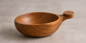 Walnut Finished <b>Mango</b> <b>Wood</b> Serving <b>Bowl</b> Round Salad <b>Bowl</b> with Integrated Wooden Handle and Top Knob Grip - Product Image 4