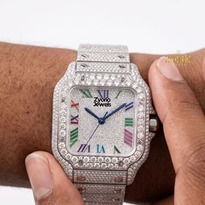 Montre mécanique de luxe carrée entièrement pavée de moissanite, cadran multicolore à chiffres romains, bracelet en acier inoxydable - Product Image 4