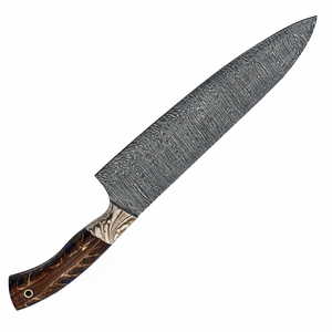 Cuchillo de Chef con Mango Marrón Marmoleado y Patrón Damasco, Hoja Ancha Gris Plateada y Empuñadura Curva para Cortar en la Cocina y Preparar Alimentos - Product Image 3