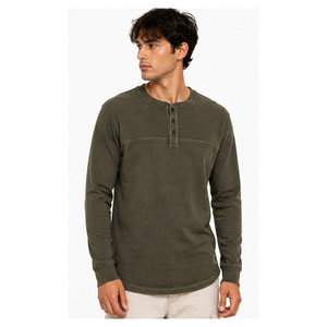 Camiseta Henley de Manga Larga para Hombre, Color Verde Oliva, Corte Regular, Algodón, Informal, Tejido de Punto, Color Sólido, Transpirable, Cuello Redondo - Product Image 1
