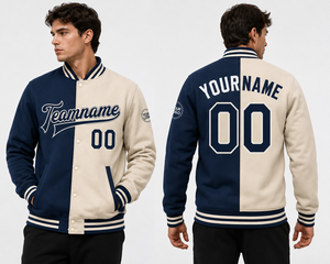 Chaqueta Universitaria para Hombre SINEWY, Color Azul Marino y Crema, Bloques de Color, Nombre y Número del Equipo Personalizados, Estilo Preppy, Cuello Camisero, Material de Poliéster - Product Image 4