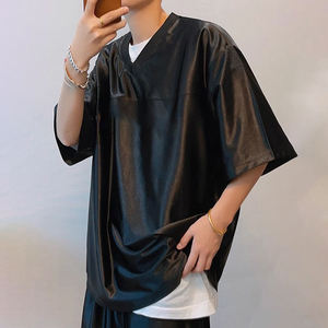 เสื้อยืดคอกว้างแขนสั้นผ้าซาตินโพลีเอสเตอร์สไตล์สตรีทแวร์สำหรับผู้ชาย พิมพ์ลายโลโก้ตามสั่ง เสื้อเบสบอลสตรีทแวร์สำหรับผู้ชาย - Product Image 4