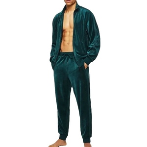 Men's Dark Green Velvet Durable Tracksuit <b>Hooded</b> Full <b>Zip</b> Solid Color Casual Sportswear Side Pockets Midweight Winter Wear - Product Image 4