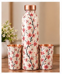 Green Gold Moroccan Pattern <b>Metal</b> <b>Water</b> <b>Bottle</b> with Copper Lid and Two Matching Cups Drinkware Set - Product Image 2