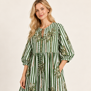 Green Striped Tropical Palm Print Boho Midi <b>Dress</b> With Puff Sleeves And Pockets <b>Loose</b> Fit A-Line Summer Casual <b>Dress</b> - Product Image 3