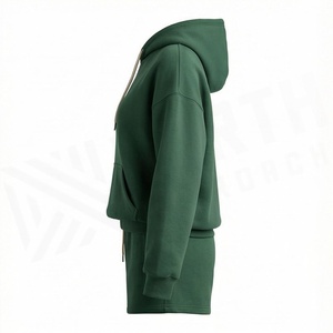 Conjunto de Sudadera con Capucha de 2 Piezas para Mujer, Verde Sólido, Felpa, Corte Holgado Informal, Pantalones Cortos por Encima de la Rodilla con Bolsillo, para Todas las Temporadas - Product Image 3