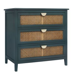 Armoire moderne en bois massif à 3 tiroirs avec façade en rotin naturel tressé pour chambre à coucher, salon, bureau - Product Image 3