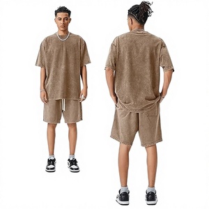 Custom Logo Vintage Acid Washed Sweat-Absorbing Terry Fabric T Shirt Shorts DTG Men Heavyweight Blank Oversized 100% Cotton <b>Set</b> - Product Image 1