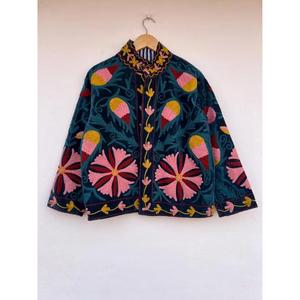 Velvet Suzani Embroidered Cotton Short <b>Jacket</b> Handmade Spring Coat Vintage Ethnic Winter Warm Outerwear Button Reversible Gift - Product Image 1