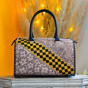 Women's 100% Genuine Leather Material <b>Mini</b> Speedy Duffle Bag With Decoration Hand Tooling Florals Carved With Checkered Patterns - Product Image 1