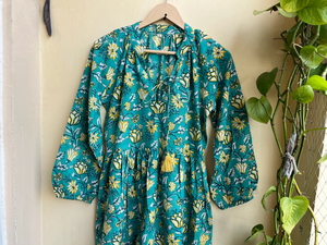 ชุดเดรสอินเดียผ้าฝ้ายพิมพ์ลายด้วยมือ 100% คอวี แขนยาว ลายดอกไม้ สวมใส่สบายๆ ชุดเดรสยาวสำหรับผู้หญิง - Product Image 2