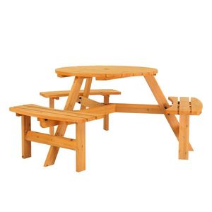 6-Person Outdoor Circular Wooden Picnic Table with 3 Built-In Benches Garden Set for Porch Backyard Patio or Lawn - Product Image 2
