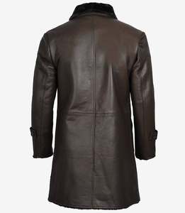 Manteau long en cuir véritable Eoin Winston Sports avec doublure en fausse fourrure marron foncé, veste d'hiver pour homme - Product Image 4