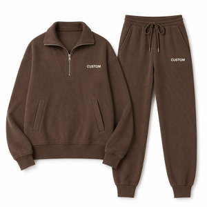 Y2K Women's Brown Tracksuit Set Quarter <b>Zip</b> Pullover <b>Jogger</b> Pants Ribbed Texture Casual Loungewear OEM Wholesale Custom Logo - Product Image 3