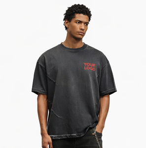 Custom Distressed Oversized T <b>Shirt</b> Raw Edge Light Acid Wash Oversized Down Shoulder Tee <b>Patchwork</b> T <b>Shirt</b> For Men - Product Image 2