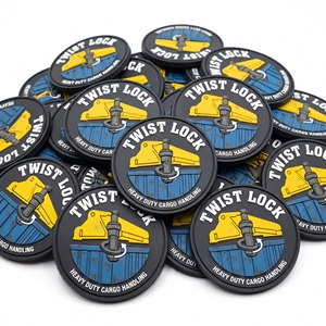 Badges personnalisés en PVC souple à fermeture Twist Lock, emblèmes ronds en silicone pour la manutention des marchandises, la logistique, les vestes de travail, les sacs et les fabricants. - Product Image 1