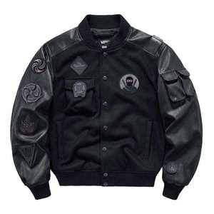 Men's Techwear Tactical Bomber Jacket Urban Streetwear Cyberpunk Patchwork Leather Sleeve Varsity Jacket Hip Hop Windbreaker - Product Image 2