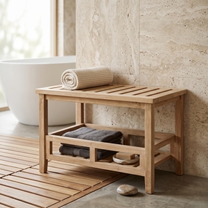 Tabouret en teck léger fait main Ananta 68x42x45 cm, design à lattes, rustique et moderne, portable, pour salle de bain et salon - Product Image 6