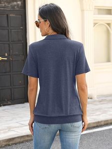 Women's <b>Navy</b> Blue Short Sleeve Solid Color Knitted Polo Shirt Casual Style Regular Length - Product Image 2
