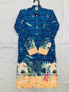 NiMa Creations Kurta de Algodón para Hombre, Estampado Digital Azul, Largo hasta la Rodilla, Corte Regular, Estilo Tradicional Indio-Pakistaní, Informal, para Fiestas - Product Image 3