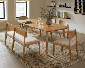 Midcentury Modern 6 Piece Wooden Dining Set with Solid Back <b>Chairs</b> <b>and</b> <b>Bench</b> for Home Dining Room - Product Image 1