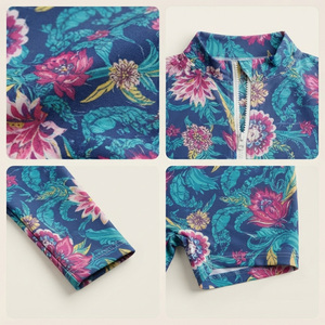 Bikini con estampado floral para mujer, cuello redondo, manga larga, elástico, poliéster, pantalones cortos de cintura alta, cremallera frontal, secado rápido - Product Image 5