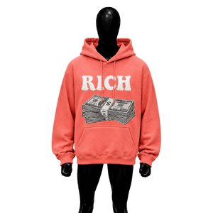 Sweat-shirt à capuche oversize rose corail avec imprimé graphique 'Rich Letter Money Stack' style streetwear pour homme, vente en gros, automne - Product Image 1