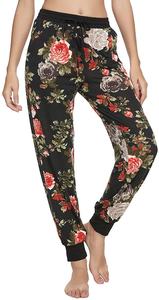 Pantalones de chándal con cintura elástica y estampado Floral para mujer, joggers delanteros planos sublimados con decoración de encaje, bolsillos con cordón, pantalones de salón - Product Image 3