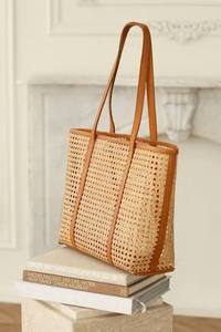 Sac fourre-tout tendance en rotin tressé vintage, grande capacité, durable, pour l'été, la plage, les voyages et le shopping - Motif Lotus Bleu - Product Image 6