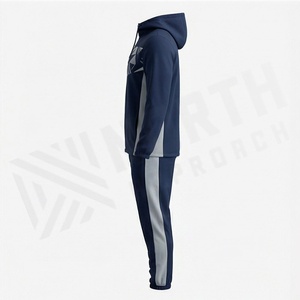 Men's <b>Navy</b> Blue Hooded Tracksuit Full Zip Geometric Print Sporty Sweatshirt And Pants Set With Side Pockets Autumn Wear - Product Image 3