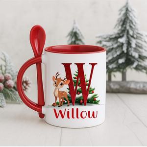 Custom Name Initial <b>Christmas</b> Porcelain Coffee Mug with Spoon Dishwasher & Microwave Safe Cute Design Red White Holiday <b>Gift</b> <b>Box</b> - Product Image 1