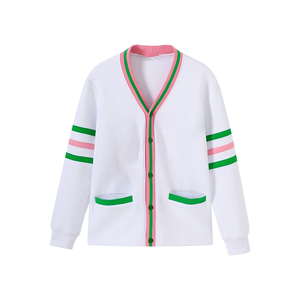 <b>Women's</b> White High Quality <b>Fleece</b> <b>Cardigan</b> Long Sleeve V-Neck Contrast Color Button Front Casual Style By Tiki Taka Sports - Product Image 1