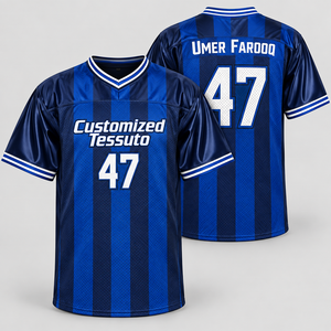 TESSUTO Camiseta de fútbol con cuello en V y estampado digital de rayas verticales azul marino para hombre, con nombre y número personalizados, ropa de equipo - Product Image 1