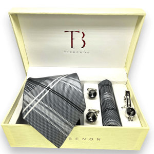 Set de Regalo de Corbata a Cuadros Gris Benon para Hombre |   Corbata de Diseñador Premium, Pañuelo de Bolsillo, Gemelos, para Bodas Formales y Negocios, en Caja de Lujo - Product Image 2