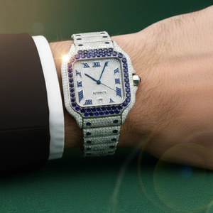 Reloj de Lujo con Bisel de Diamantes Azules, Esfera Plateada Cuadrada con Números Romanos, Automático, Estilo Hip Hop, Joyería Premium para Hombre - Product Image 4