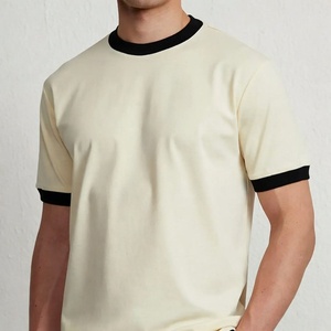 Men's <b>Cream</b> Short Sleeve <b>T</b>-<b>Shirt</b> With Black Contrast Trim Regular Fit Casual O-Neck Jersey Cotton Top Ribbed Collar - Product Image 4
