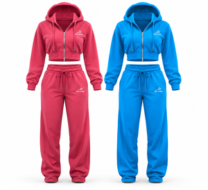 Women <b>Cropped</b> <b>Hoodie</b> Tracksuit Set Custom Logo, 2 Piece Set, Oversized Sweatpants & <b>Zip</b> <b>Up</b> <b>Hoodie</b> Manufacturer - Product Image 1