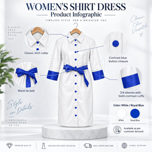 Robe chemise blanche Cosh International Sorority Sisterhood avec poignets contrastants bleus et ceinture, longueur genou, tenue de bureau professionnelle - Product Image 6