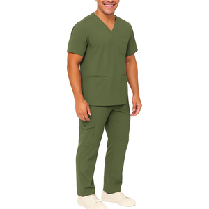 Conjunto de uniformes médicos para hombre, top negro con cuello en V y pantalones con bolsillos, uniforme de hospital, tela elástica de algodón y poliéster, detección de agujas - Product Image 3