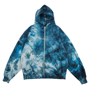Sweat-shirt à capuche surdimensionné Ocean Storm, tie-dye personnalisé, tons bleus, teint à la main, 100% coton, streetwear, fermeture éclair intégrale, sweat-shirt en molleton pour homme - Product Image 1