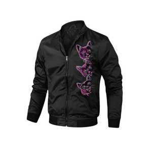 Men's Black Genuine Leather Bomber <b>Jacket</b> with Purple Cat <b>Sequin</b> Embroidery Front Zipper Waterproof Casual Style Winter - Product Image 1