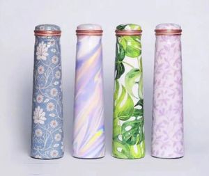 Juego de botella de agua de cobre puro con esmalte floral azul y dos vasos para mesa, para bienestar, comedor, agua mineral saludable, recipiente metálico - Product Image 4