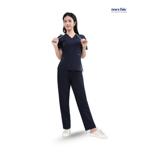 Conjunto de Uniforme Médico para Mujer, Cuello en V, Color Azul Marino, Manga Corta, Tejido de Algodón y Poliéster, Incluye Pantalones - Product Image 3