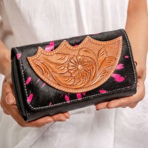 Cartera de Moda para Mujer, de Cuero Genuino de Alta Calidad, Diseño Floral Hecho a Mano, Estilo Vintage, Portátil - Product Image 1